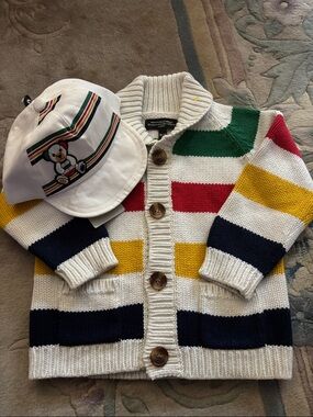 Striped Shawl Collar Knit Cardigan - Multicolor and baby hat